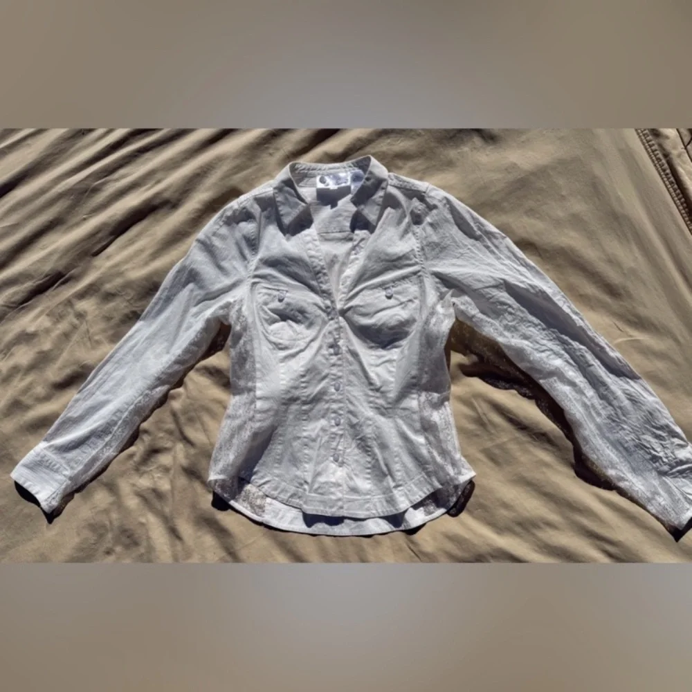 Byron Lars IN EARNEST White Button Down Oxford Lace Insert Shirt 6 EUC - Picture 2 of 10